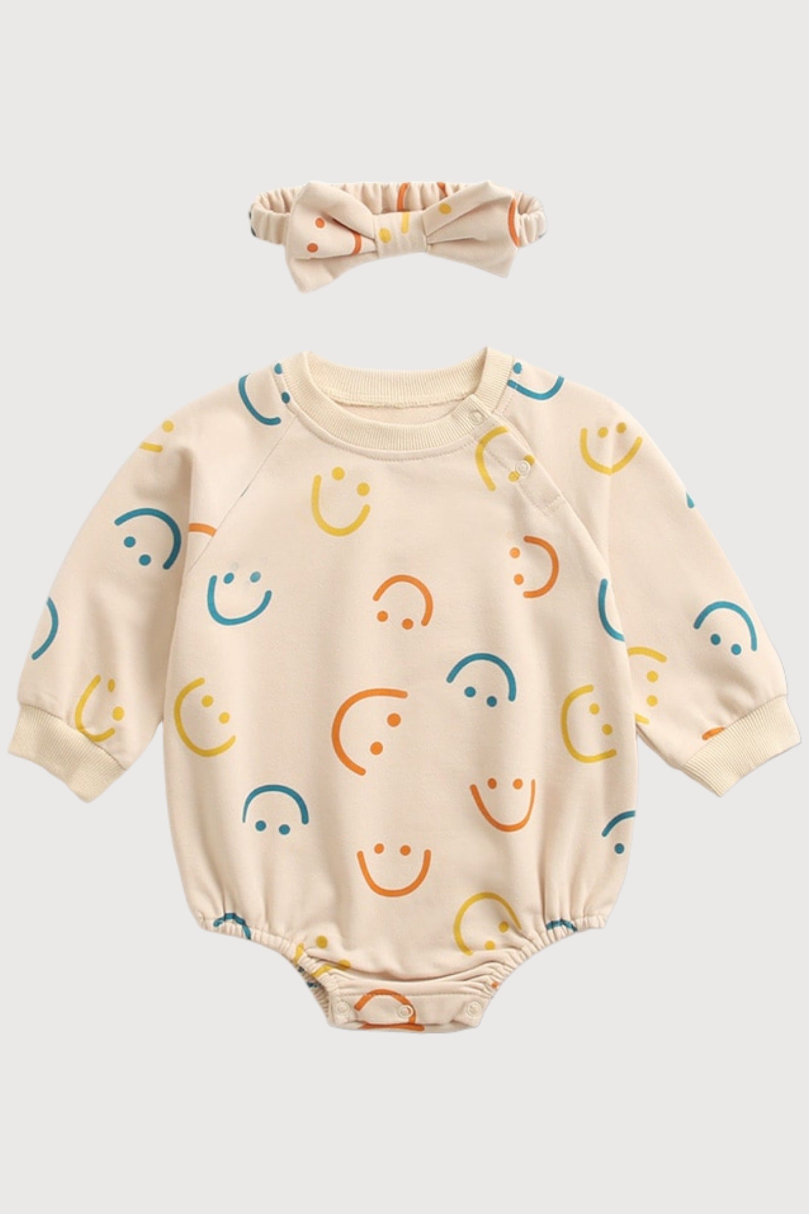 Mini Smile Cotton Bodysuit Romper With Headband