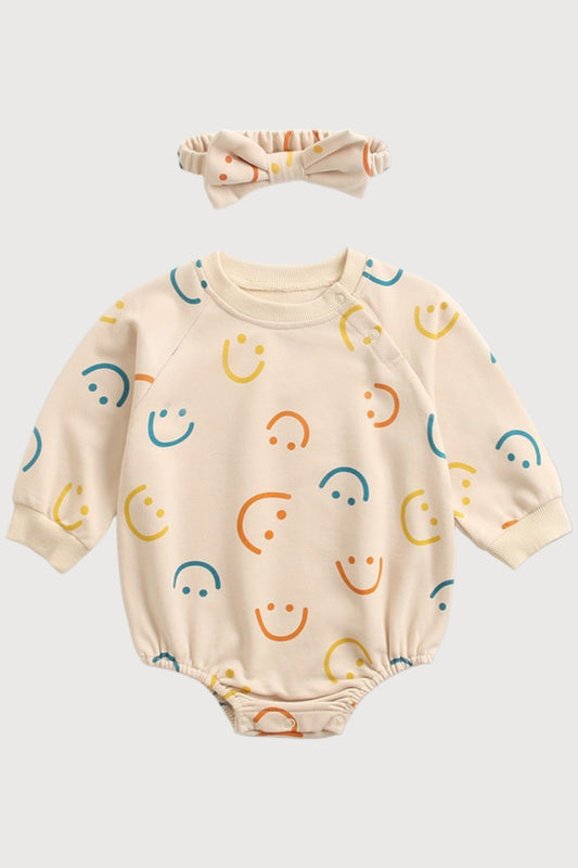 Mini Smile Cotton Bodysuit Romper With Headband