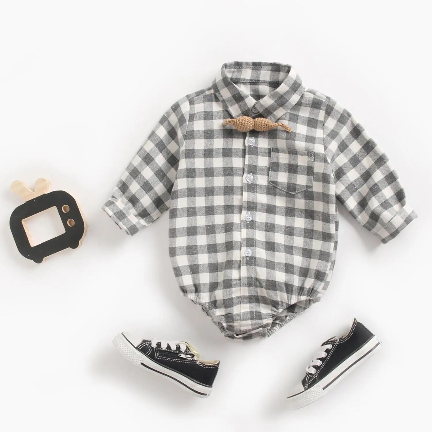 Button Up Plaid  Bodysuit Romper