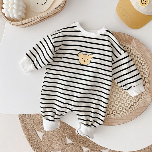 Bear Face Print Striped Romper