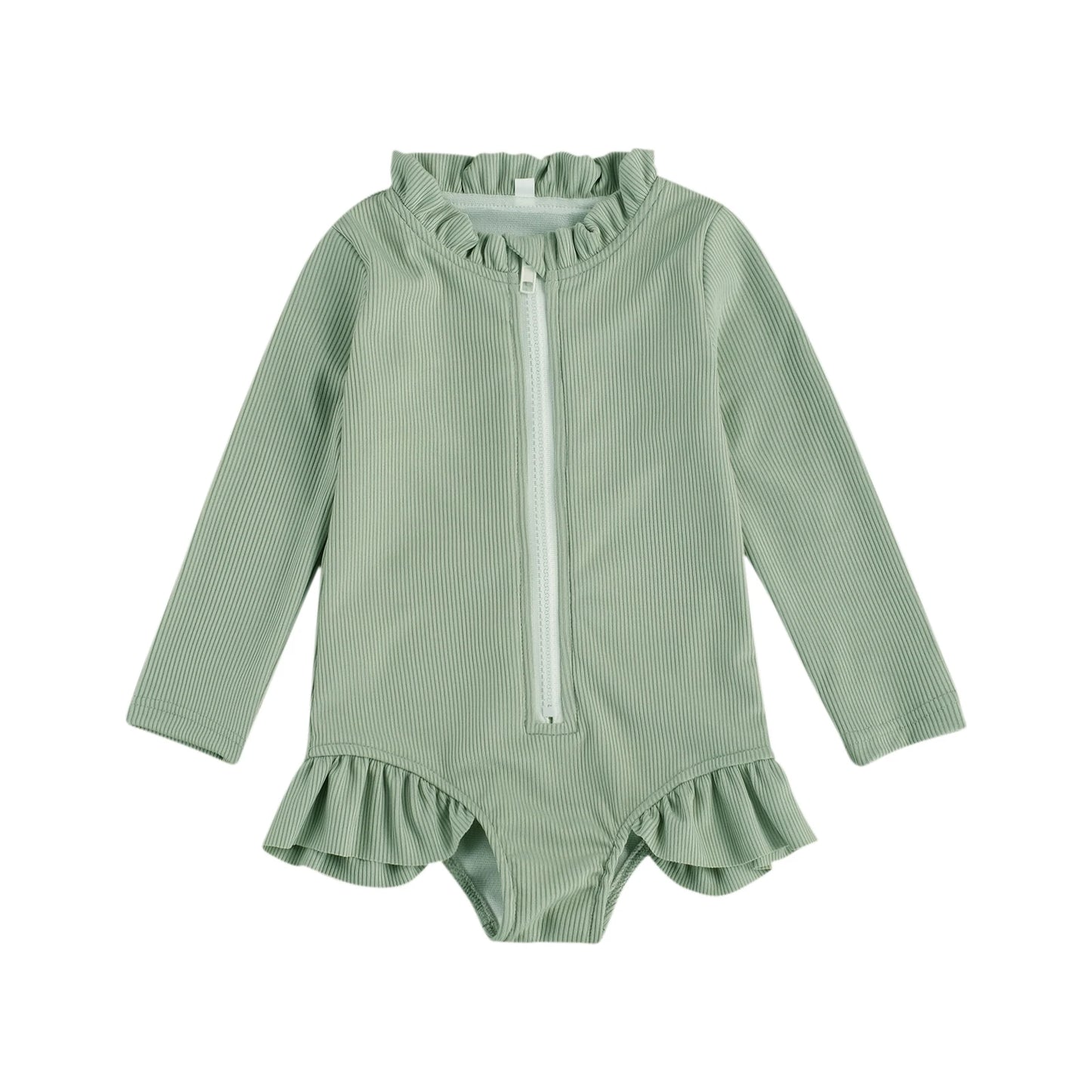 Baby Toddler Kids Girls Swimwear Solid Ruffles Long Sleeve Zipper Beachwear Bathing Suit Romper
