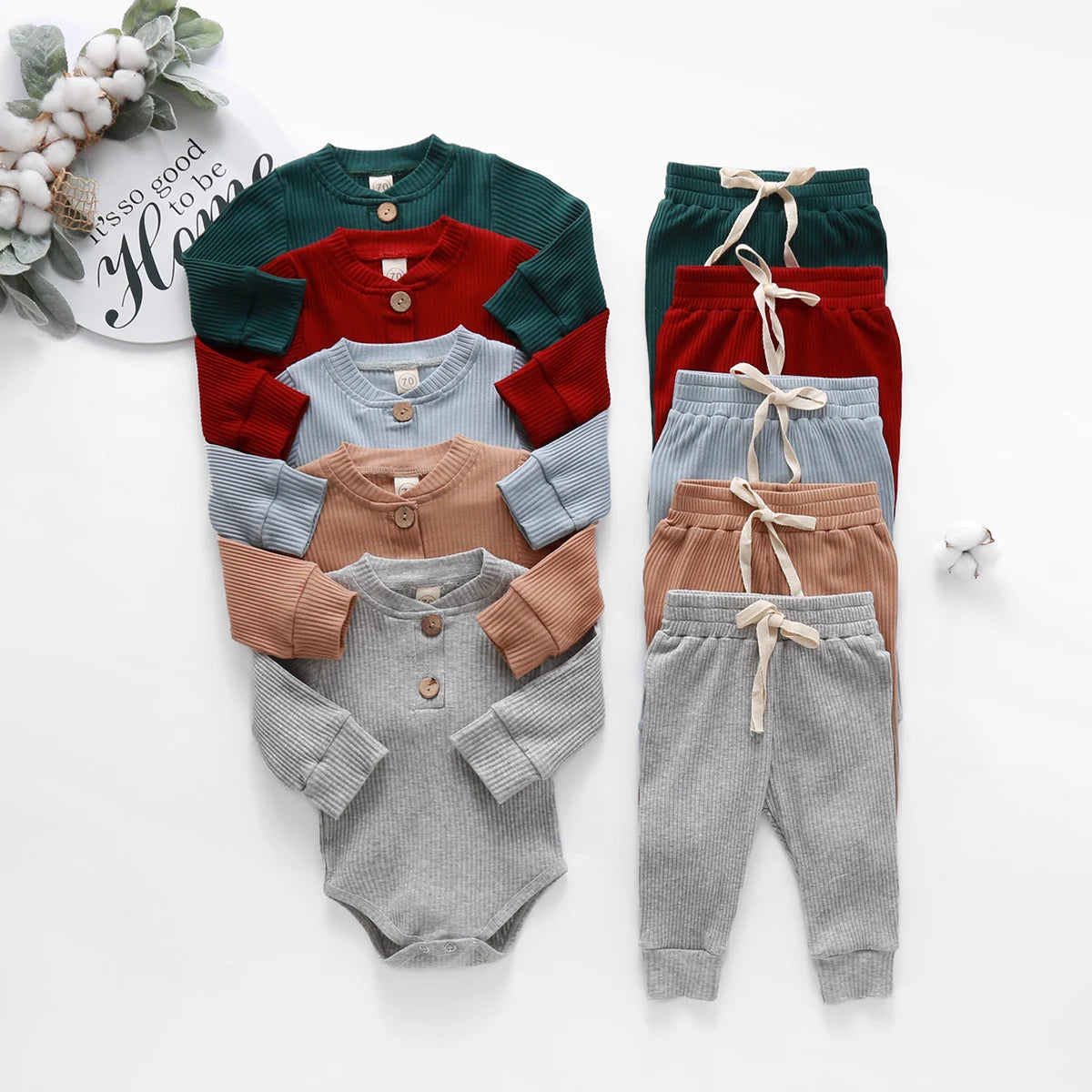Baby Toddler Girl Boy 2Pcs Autumn Ribbed Clothes Sets Long Sleeve Bodysuits + Elastic Pants 2PCs Outfit