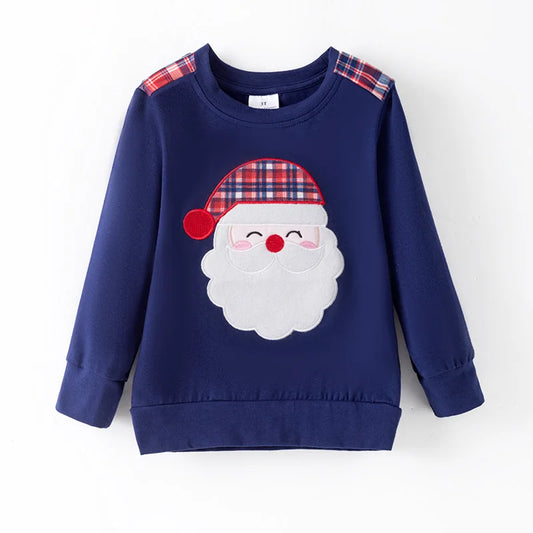 Toddler Kids Boys Girls Winter Christmas Santa Embroidery Plaid Cotton Blend Top