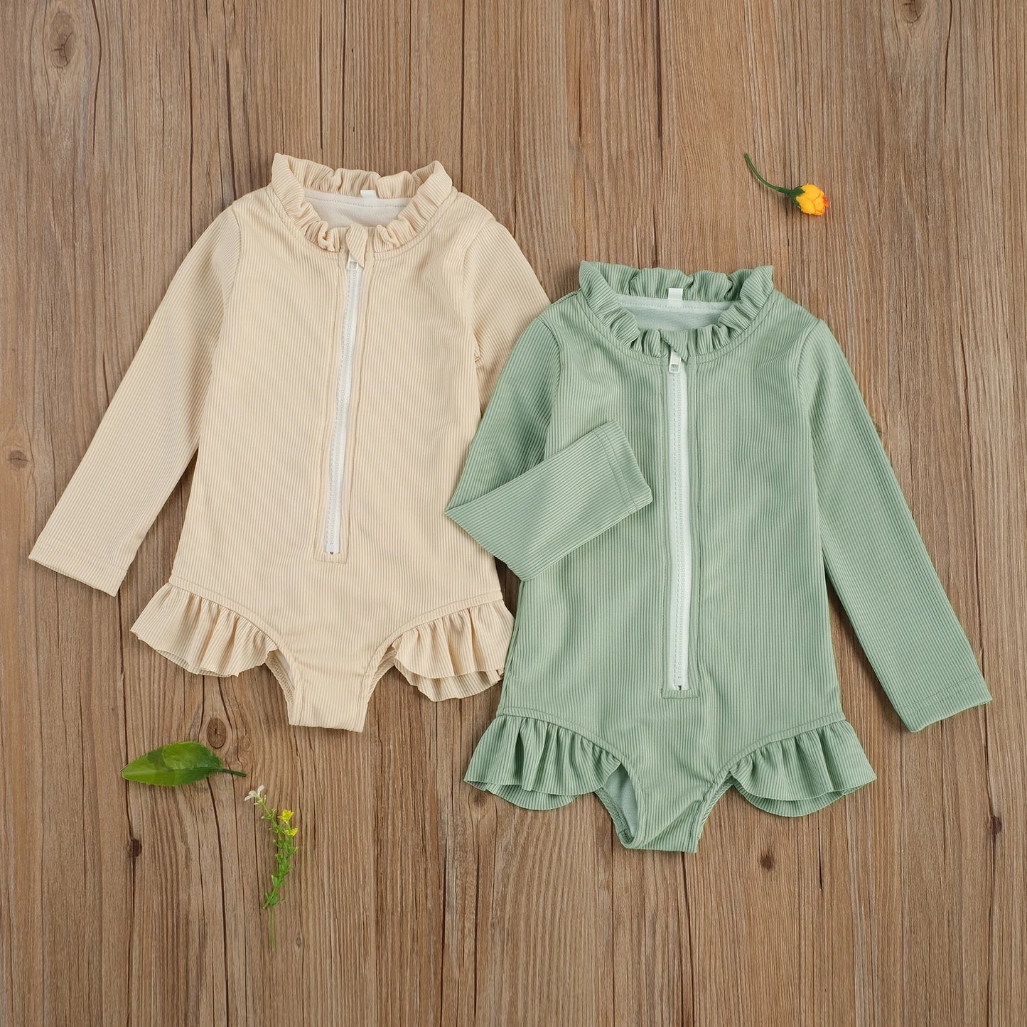 Baby Toddler Kids Girls Swimwear Solid Ruffles Long Sleeve Zipper Beachwear Bathing Suit Romper