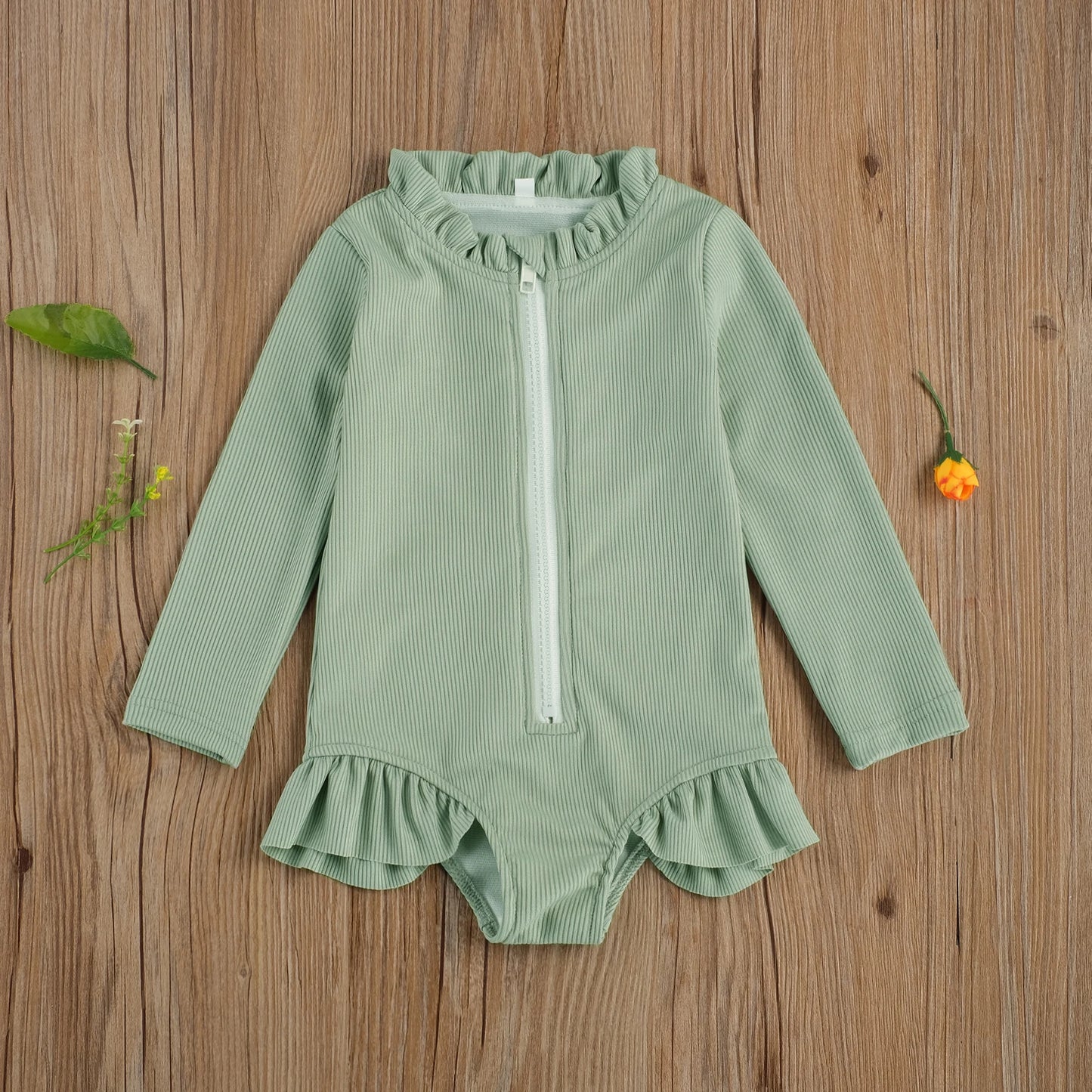 Baby Toddler Kids Girls Swimwear Solid Ruffles Long Sleeve Zipper Beachwear Bathing Suit Romper