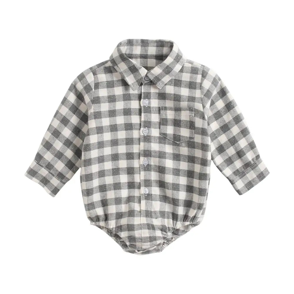 Button Up Plaid  Bodysuit Romper