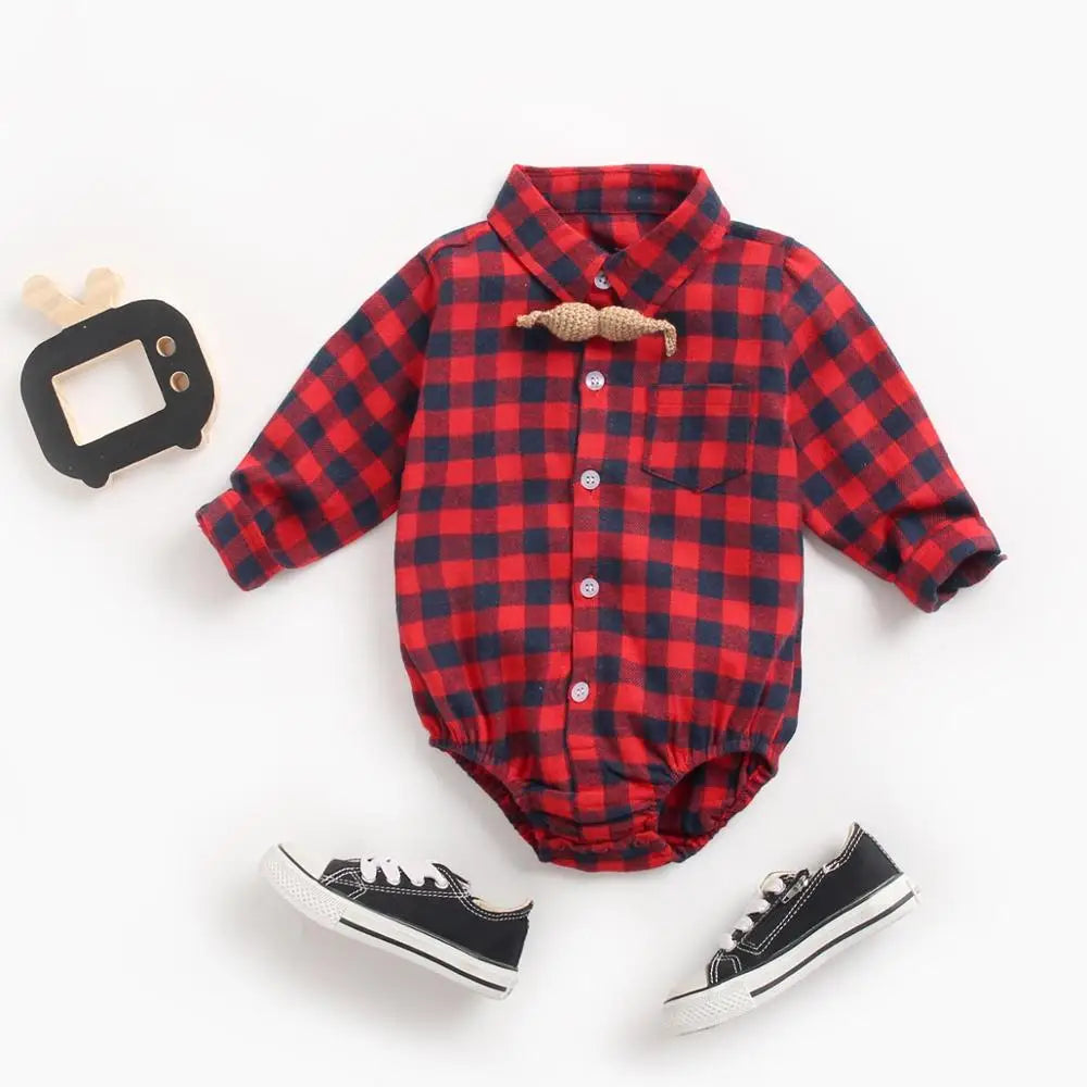 Button Up Plaid  Bodysuit Romper