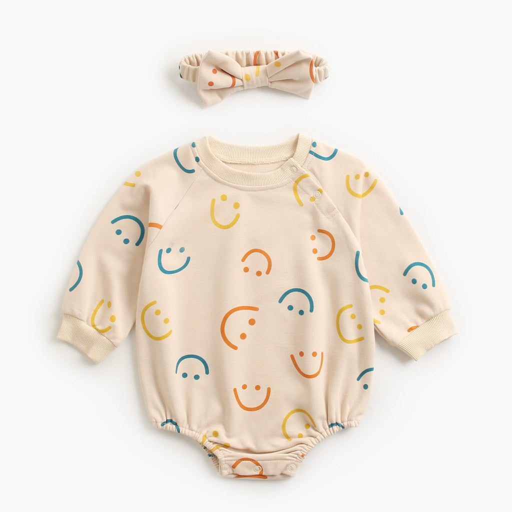 Mini Smile Cotton Bodysuit Romper With Headband