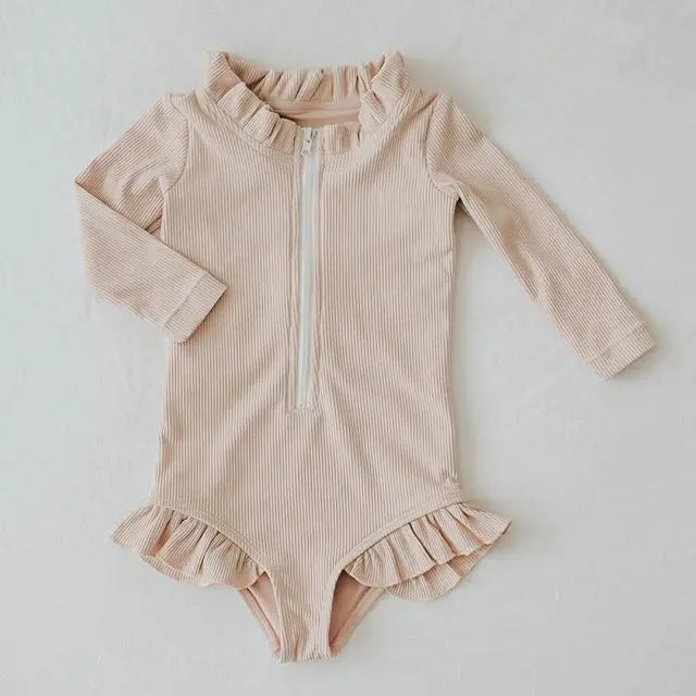 Baby Toddler Kids Girls Swimwear Solid Ruffles Long Sleeve Zipper Beachwear Bathing Suit Romper