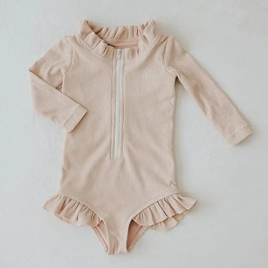 Baby Toddler Kids Girls Swimwear Solid Ruffles Long Sleeve Zipper Beachwear Bathing Suit Romper
