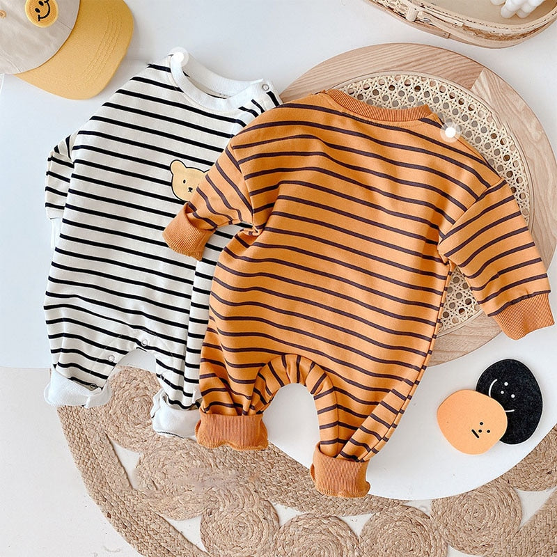 Bear Face Print Striped Romper