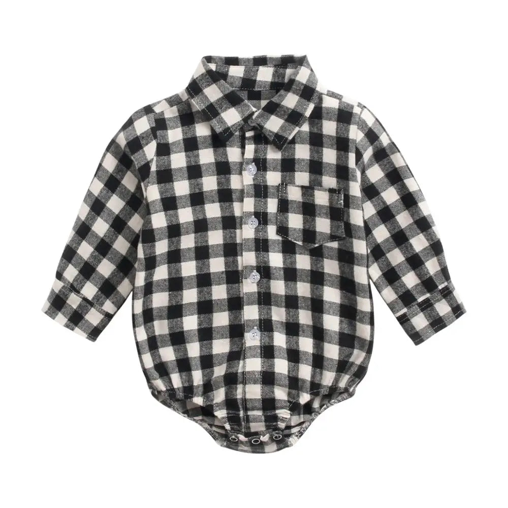 Button Up Plaid  Bodysuit Romper
