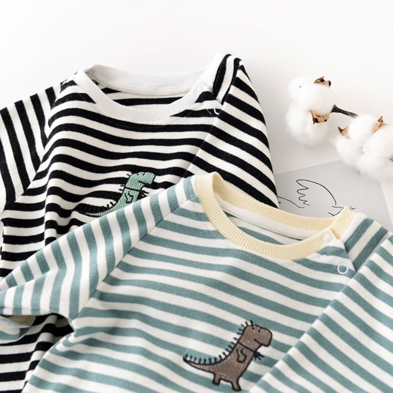Dinosaur Long Sleeve Striped Jumpsuit Romper