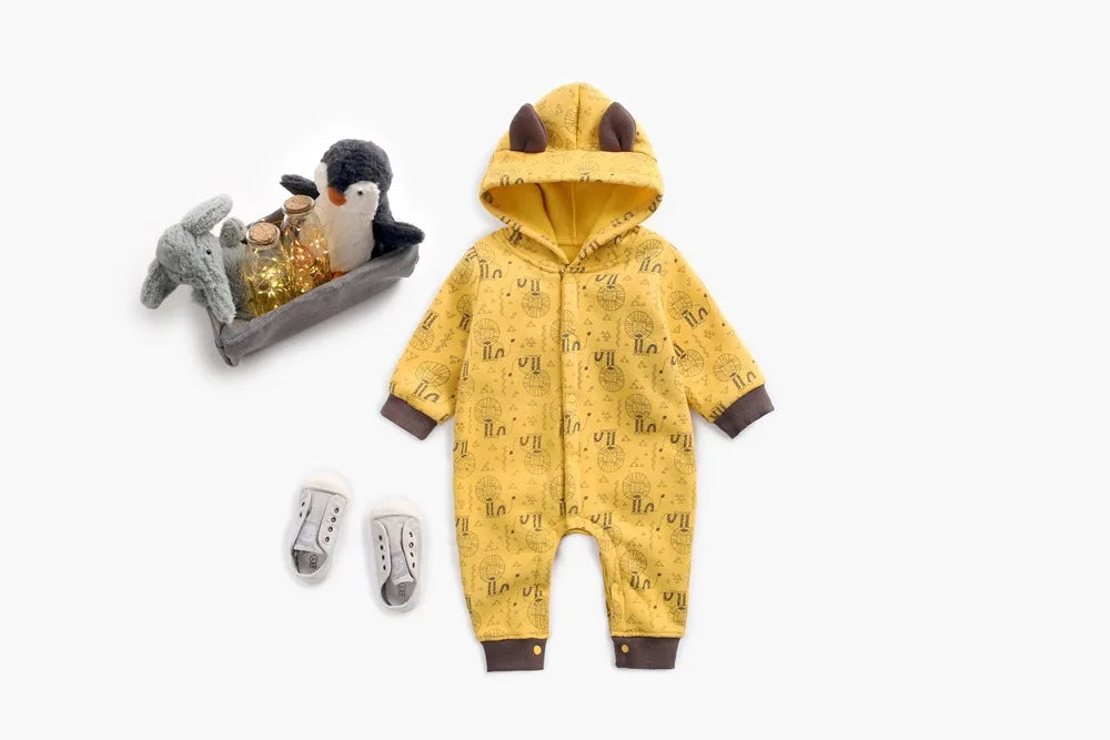 Baby Toddler Boy Girl Winter Clothes Fleece Thick Baby Romper Warm Long Sleeve Hooded Ears Jumpsuit