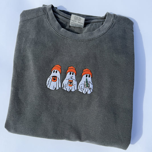 Adult Ghost Trio Embroidered Comfort Colors Crewneck Sweatshirt - Pepper
