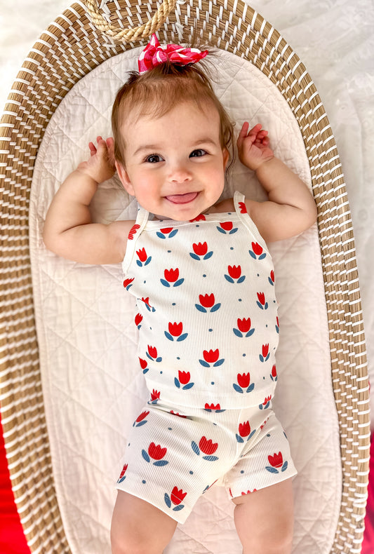 Red White & Blue Tulip Floral Ribbed Bamboo 2pc Tank Set