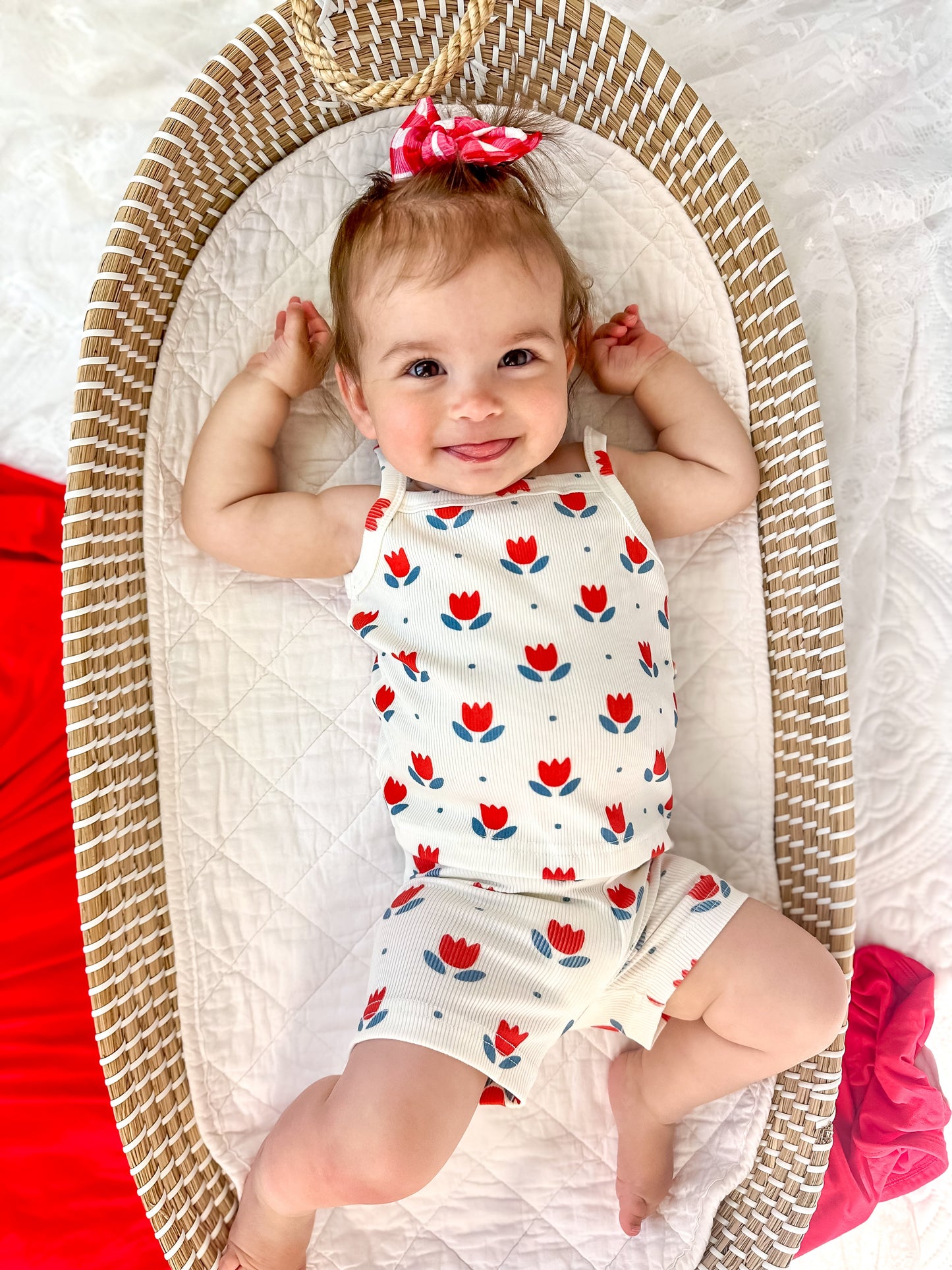 Red White & Blue Tulip Floral Ribbed Bamboo 2pc Tank Set