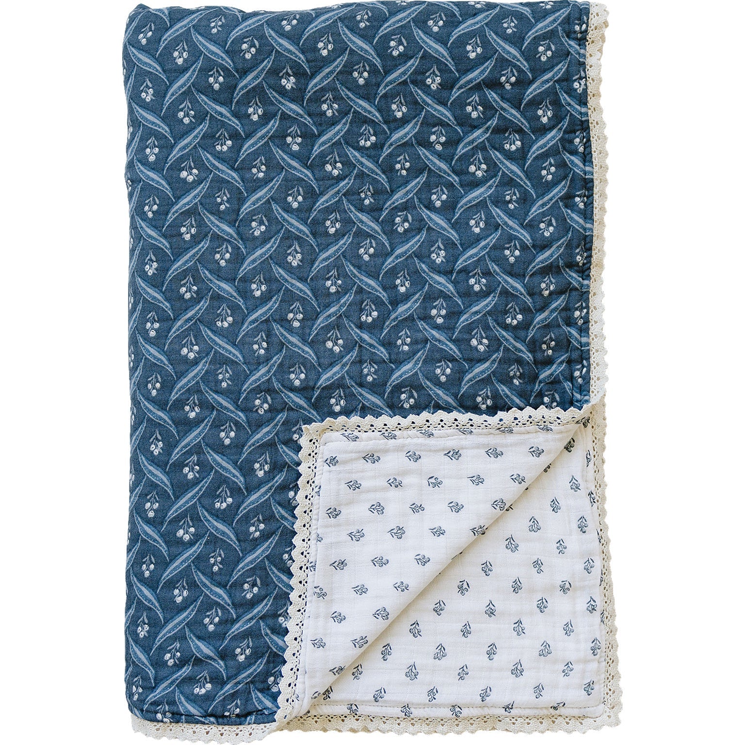 Navy Berry + Cream Berry Lace Twin Muslin Quilt Blanket