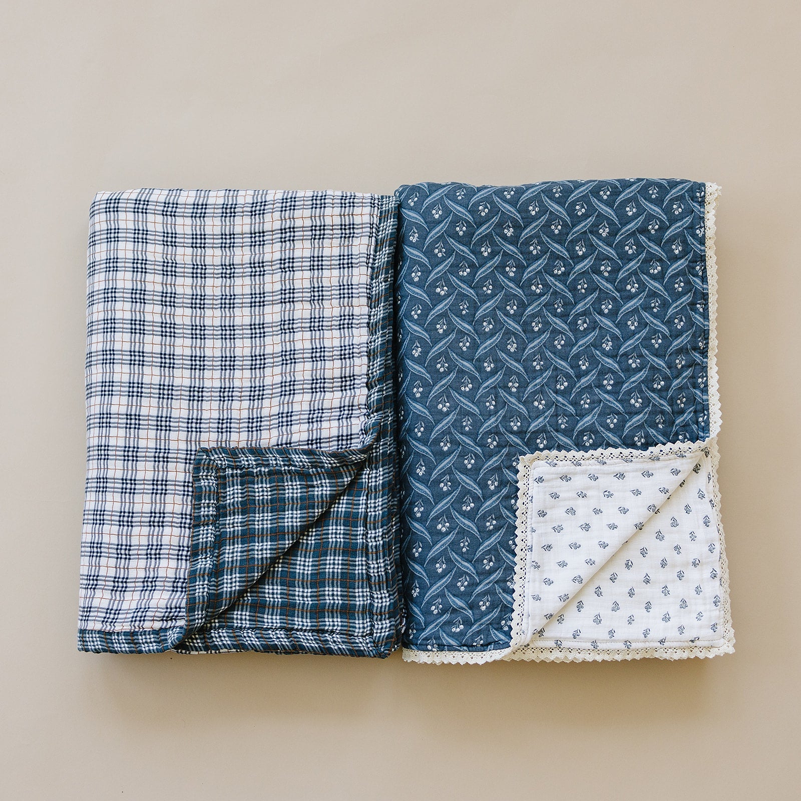 Navy Berry + Cream Berry Lace Twin Muslin Quilt Blanket
