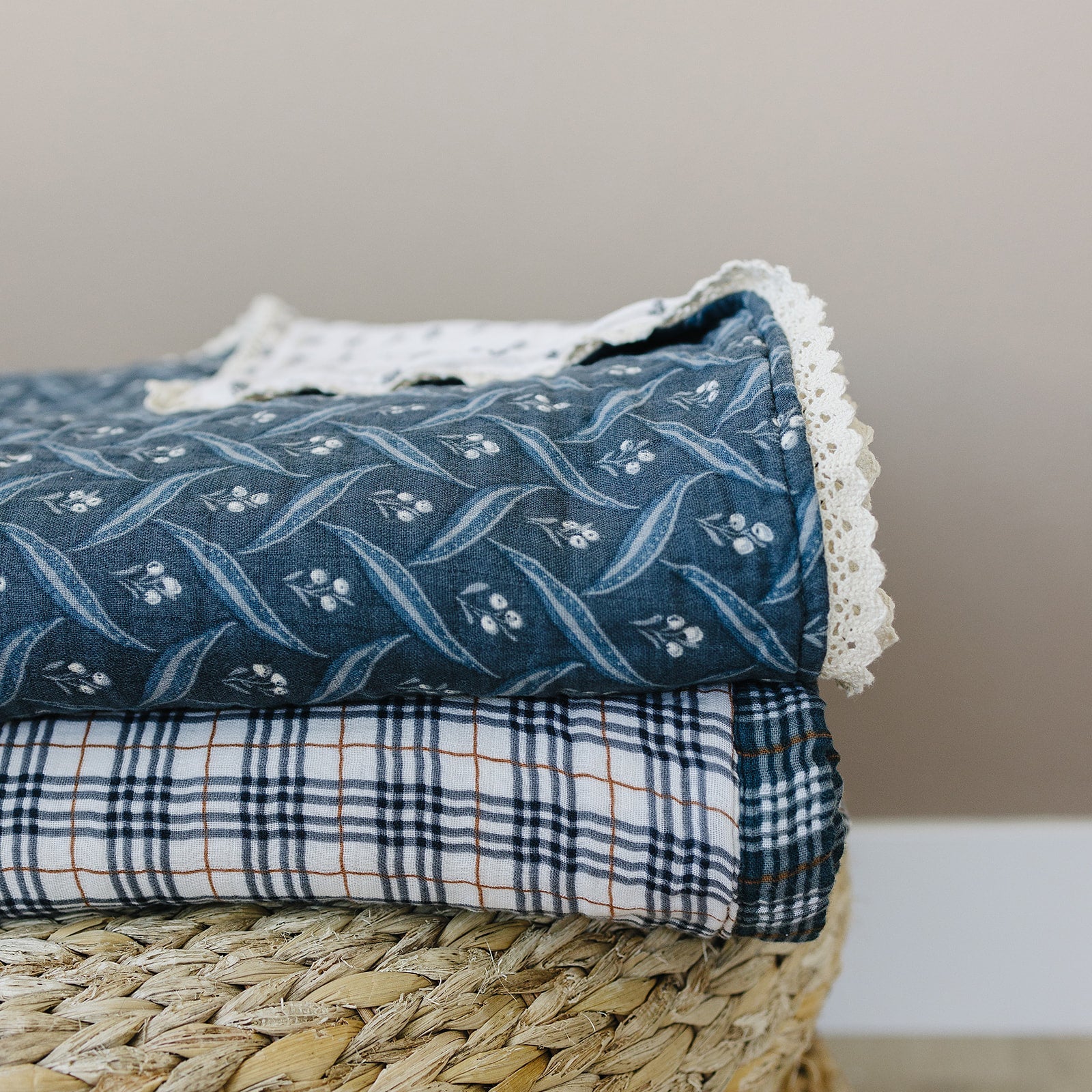 Navy Berry + Cream Berry Lace Twin Muslin Quilt Blanket