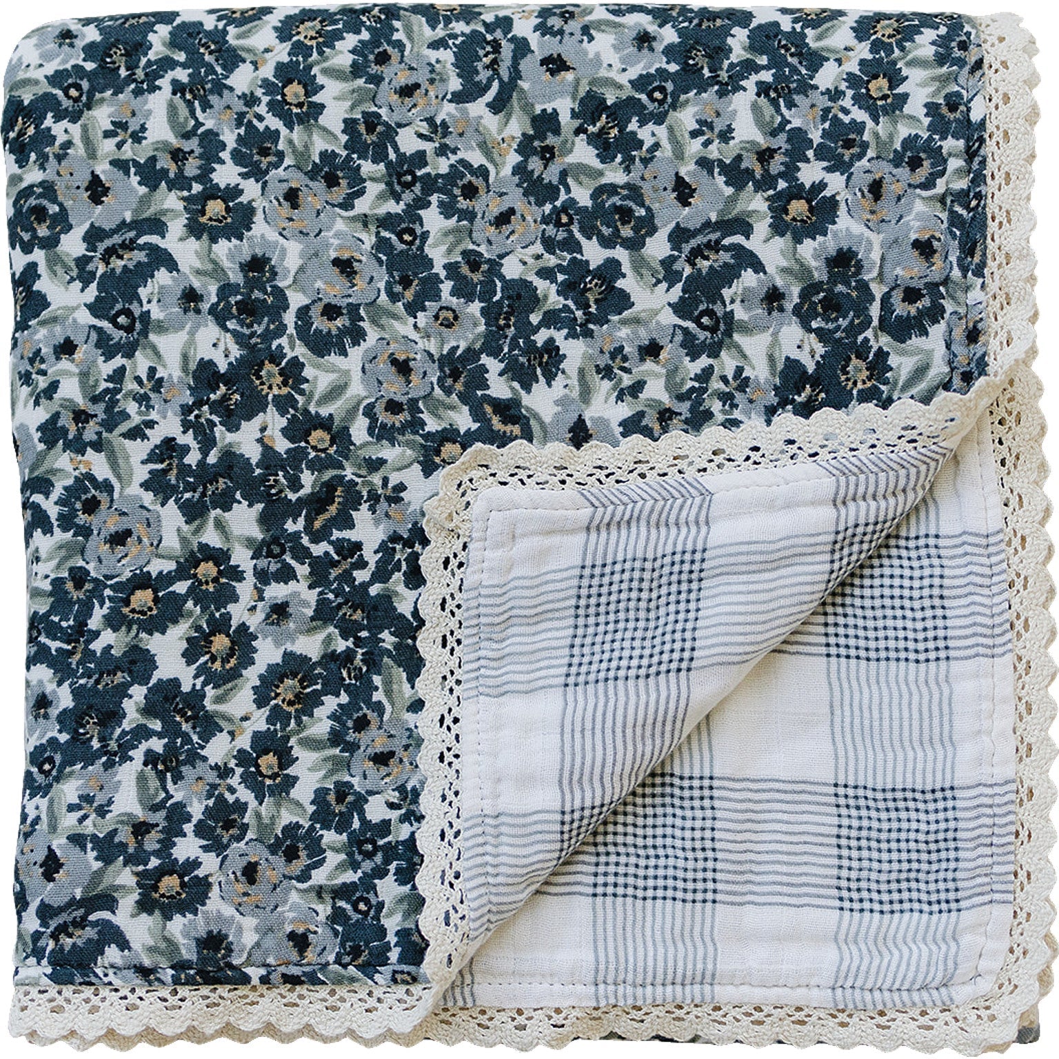 Liberty Floral + Coastal Plaid Lace Muslin Quilt Blanket