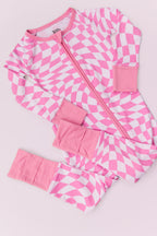 BUBBLEGUM WAVY CHECKERS DREAM ZIPPER ROMPER