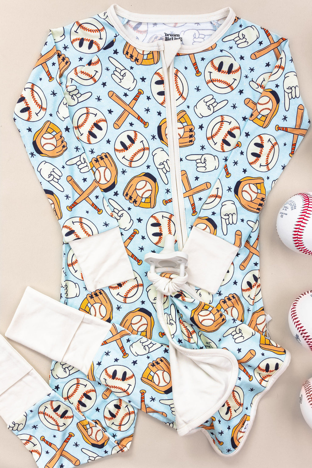 BASEBALL SMILEY DREAM ZIPPER ROMPER