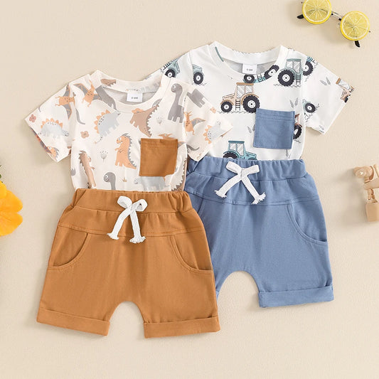 Baby Toddler Boys 2Pcs Summer Outfit Dinosaur/Tractor Print Short Sleeve T-Shirt Top Elastic Waist Shorts Clothes Set