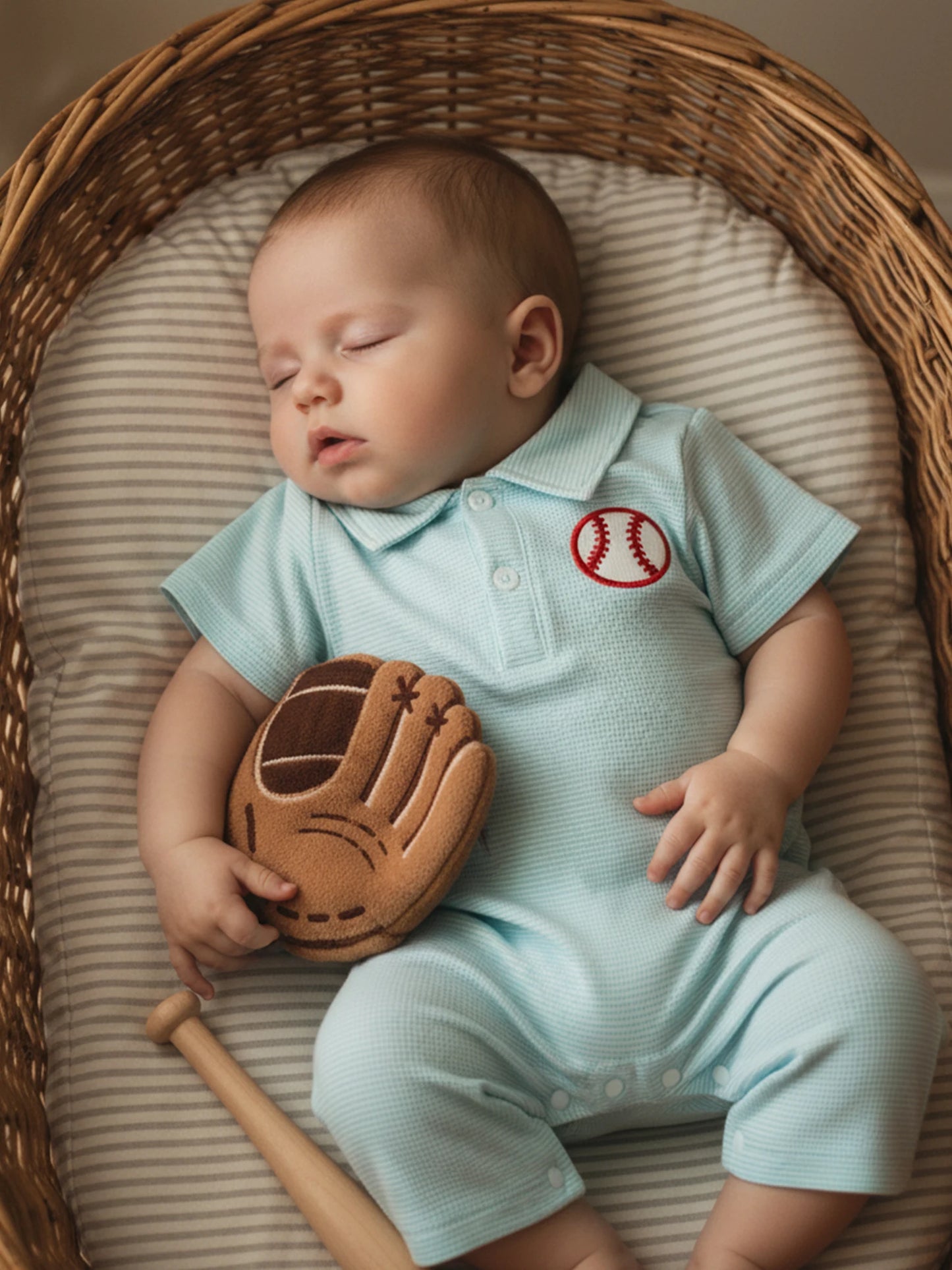 Baby Boy Romper Lapel Collar Short Sleeve Baseball Embroidery Upper Button Striped Jumpsuit