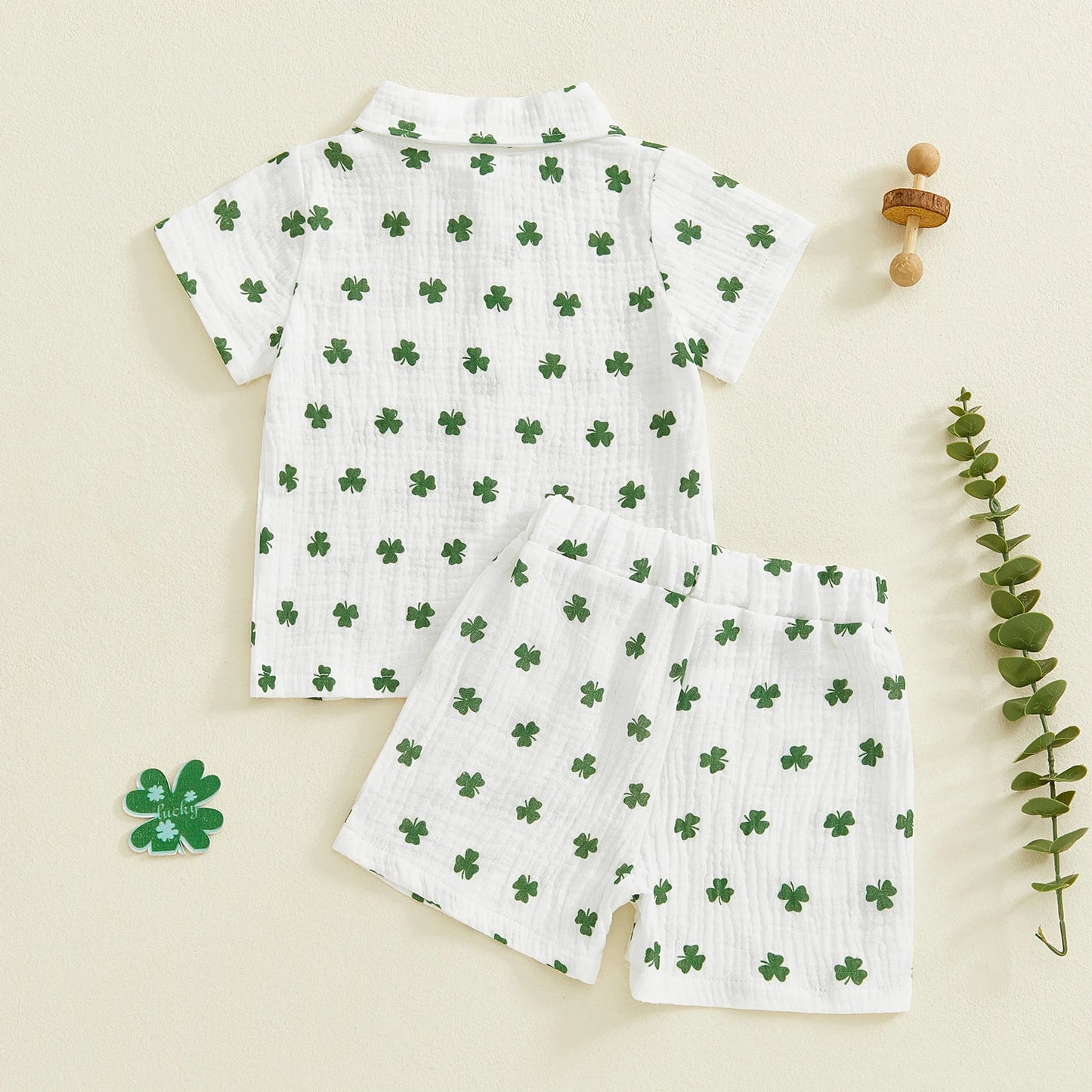 Baby Toddler Boys 2Pcs Spring St. Patrick's Day Set Shamrock Print Short Sleeve Lapel Button Down Shirt Shorts Outfit