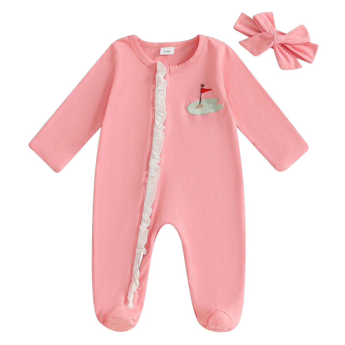 Baby Girls 2Pcs Footies Rompers Golf Embroidered Long Sleeve Round Neck Infant Fall Jumpsuits with Headband Set