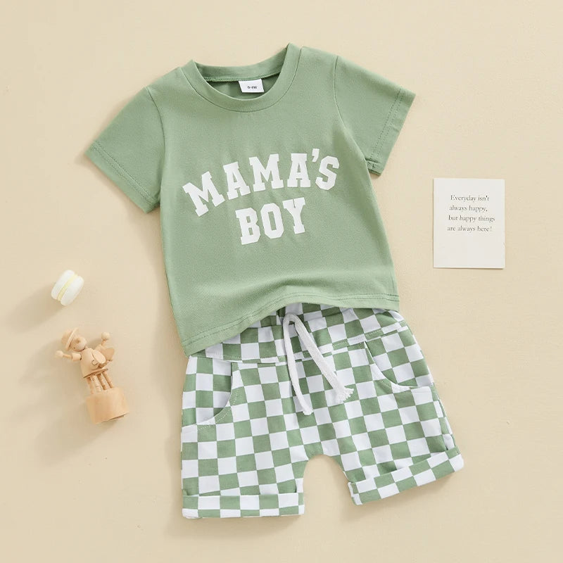 Toddler Baby Boys 2Pcs Mama's Boy Spring Summer Clothes Outfits Letters Print Top with Plaid Checker Shorts Clothing Set