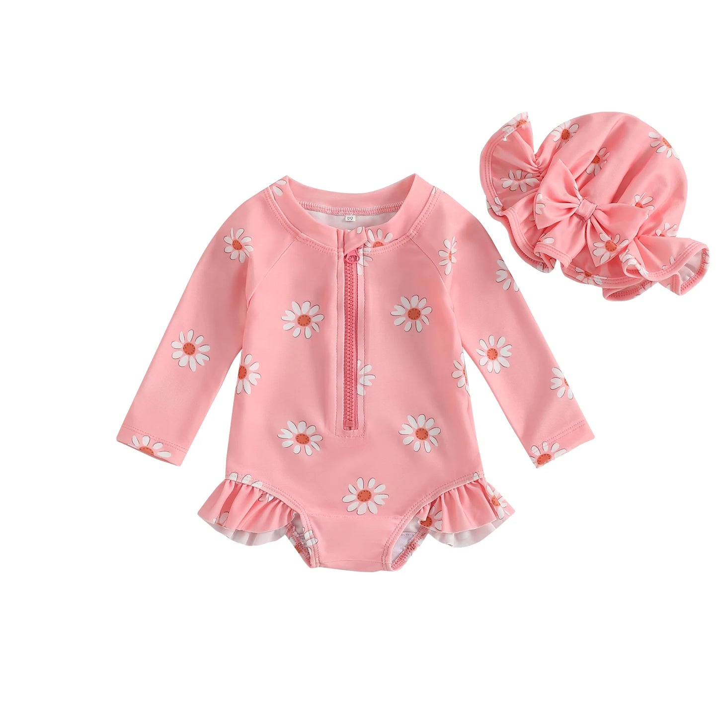 Baby Toddler Girls 2Pcs Swimsuit Daisy Flower Print Long Sleeve Round Neck Swimwear Front Zipper Bathing Suit and Hat Set