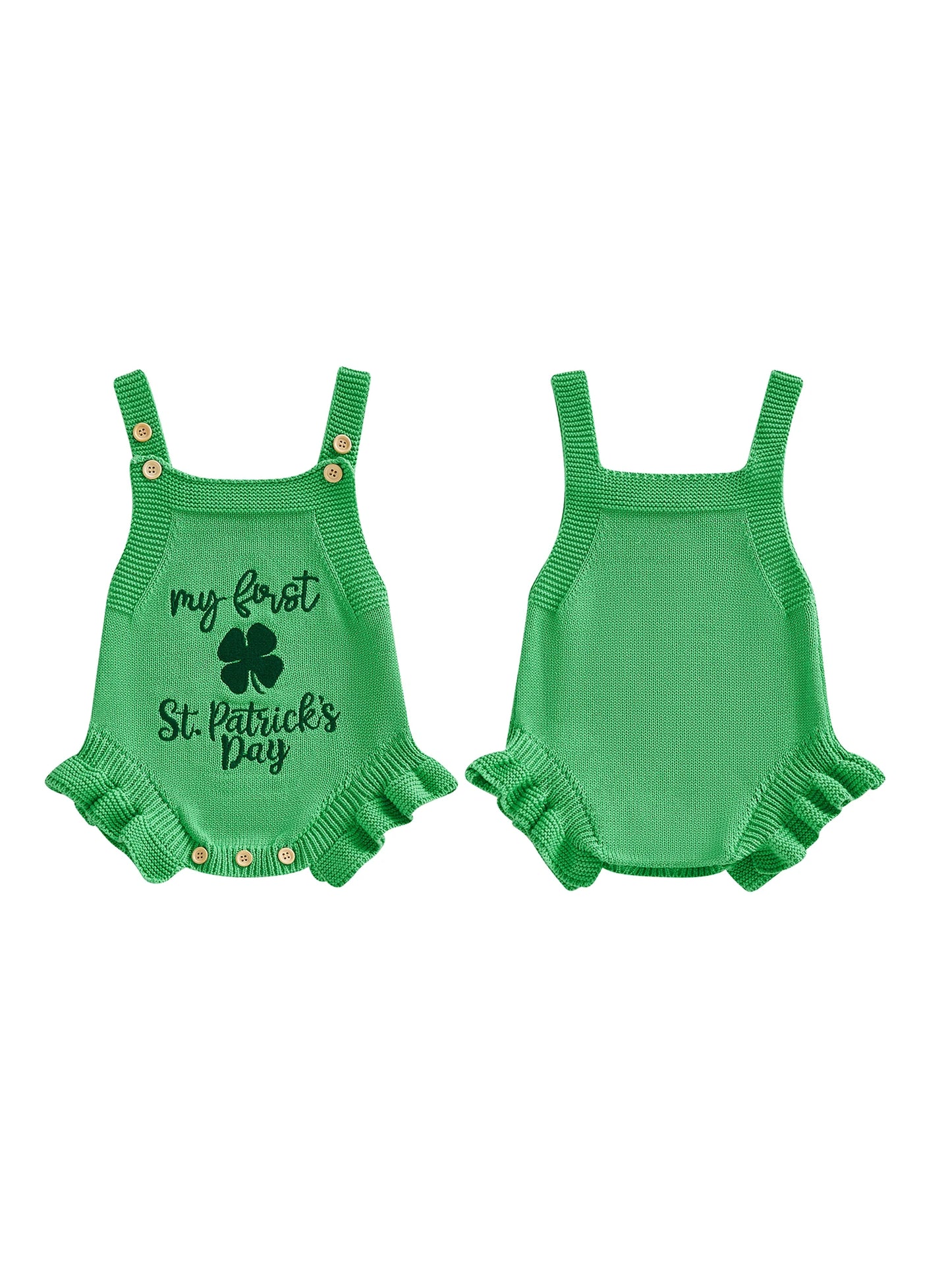 Baby Girls My First St. Patrick's Day Knit Jumpsuit Sleeveless Ruffle Trim Clover Letter Embroidery Overalls Romper