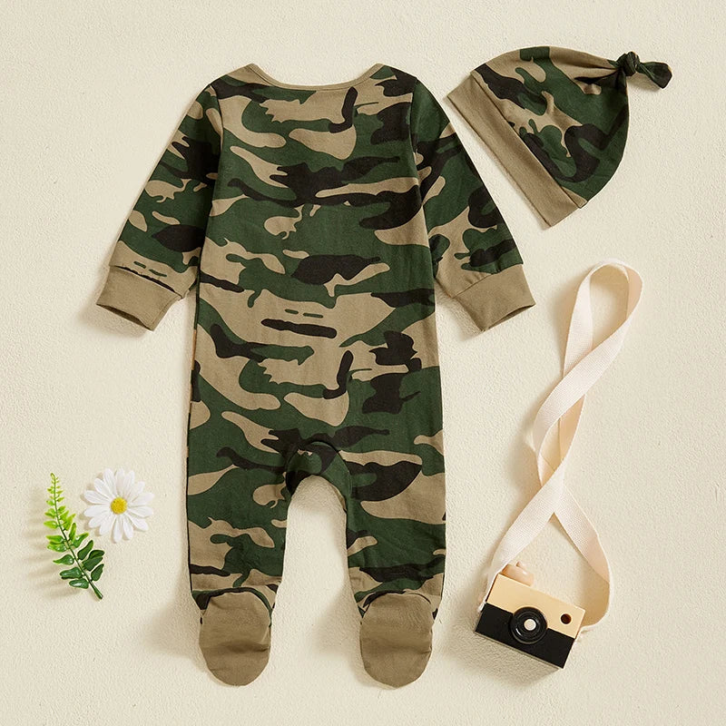 Baby Boys 2Pcs Footies Romper Camouflage Round Neck Long Sleeve Zipper Romper Infant Clothes Jumpsuit with Beanie Hat Set Outfit