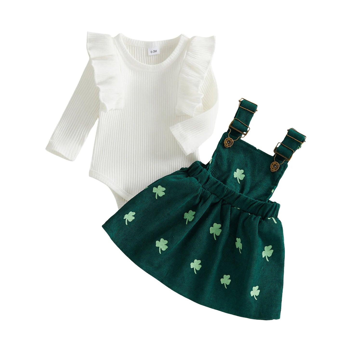 Baby Girl 2Pcs St. Patrick's Day Outfit Ruffle Long Sleeve Crew Neck Solid Color Romper and Shamrock Print Overall Dress Set