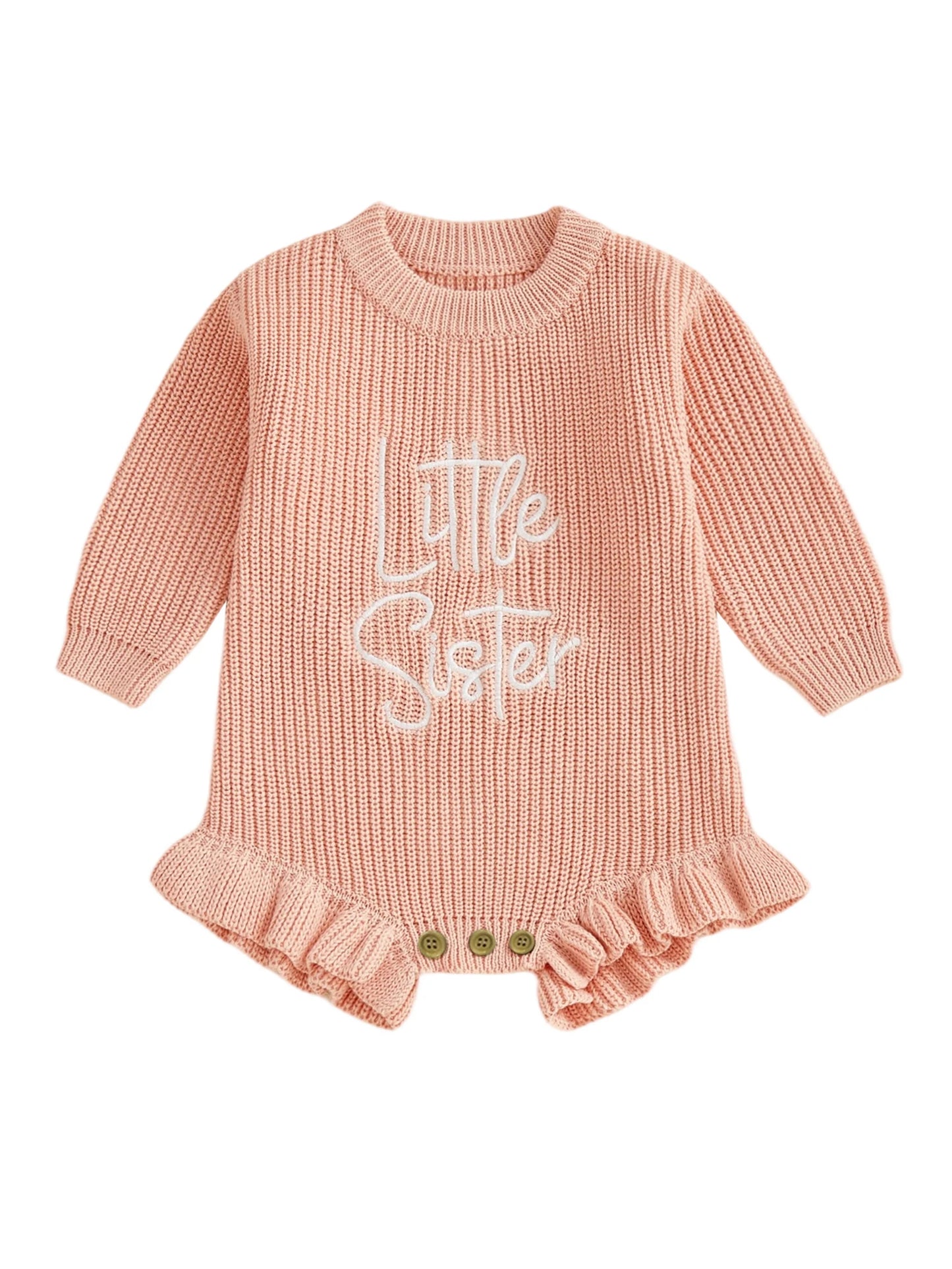 Baby Girl Sweater Romper Little Sister Long Sleeve Round Neck Letter Embroidery Knit Bodysuit