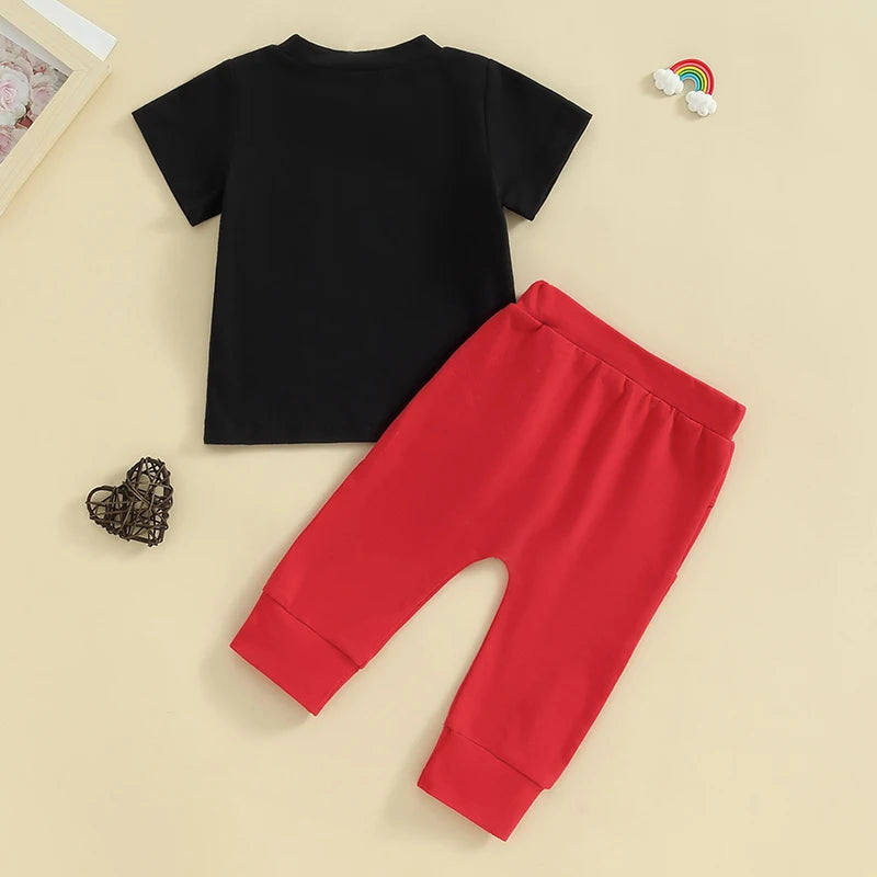 Baby Toddler Boy 2Pcs Valentine's Day Outfit Mr. Steal Your Heart Letter & Heart Print Short Sleeve Top with Solid Color Long Pants Set