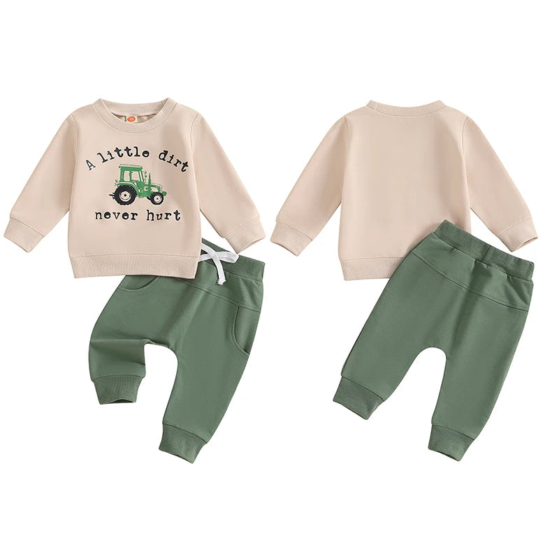 Baby Toddler Boys 2Pcs Fall A Litte Dirt Never Hurt Letter Tractor Print Long Sleeve Round Neck Top Drawstring Pocket Long Pants Outfit Set