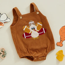 Load image into Gallery viewer, Baby Boys Girls Thanksgiving Overalls Romper Football Turkey Embroidery Sleeveless Square Neck Jumpsuit
