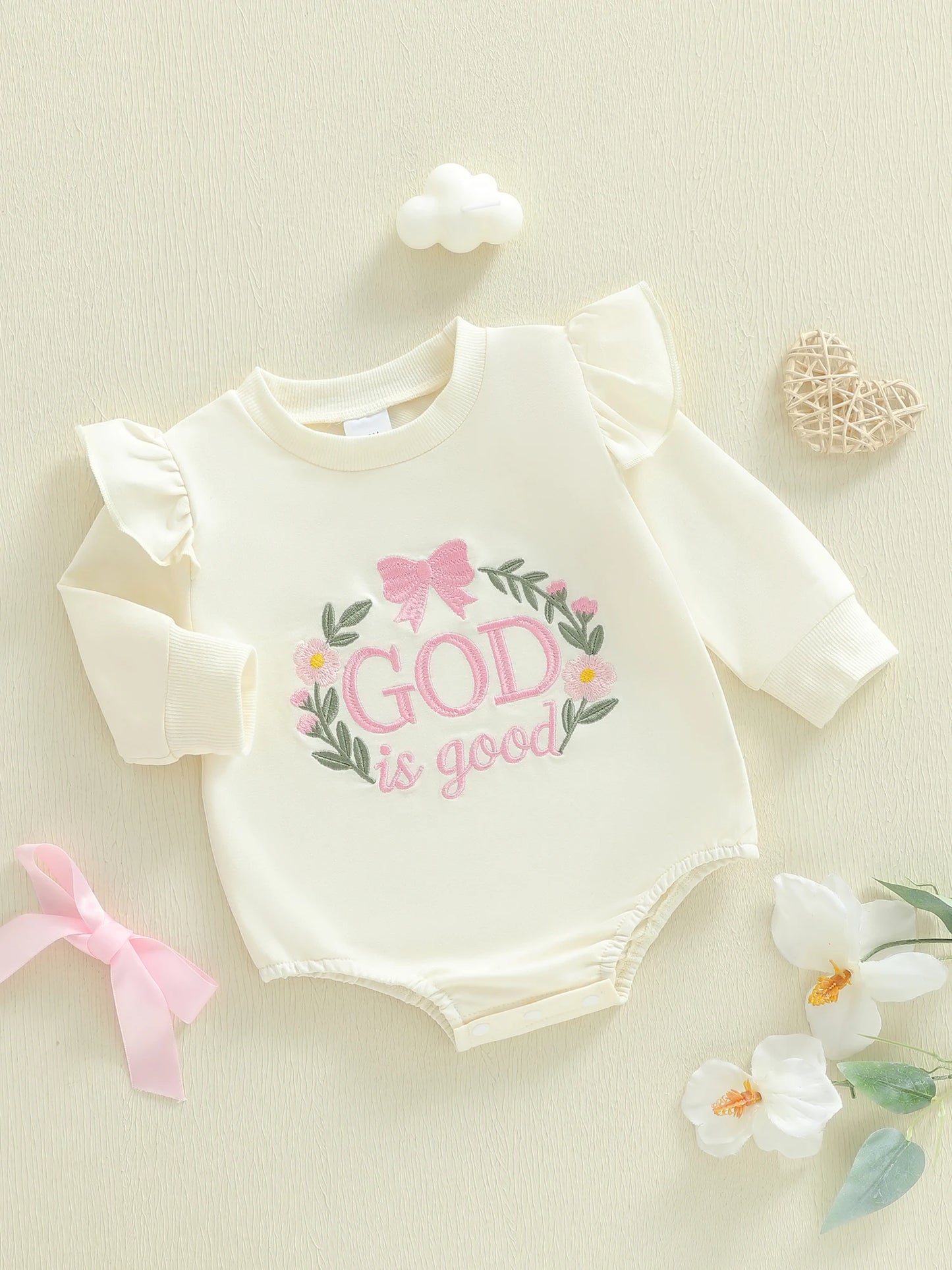 Baby Girl Autumn Casual Romper God Is Good Long Sleeve O Neck Letter Embroidery Bubble Romper