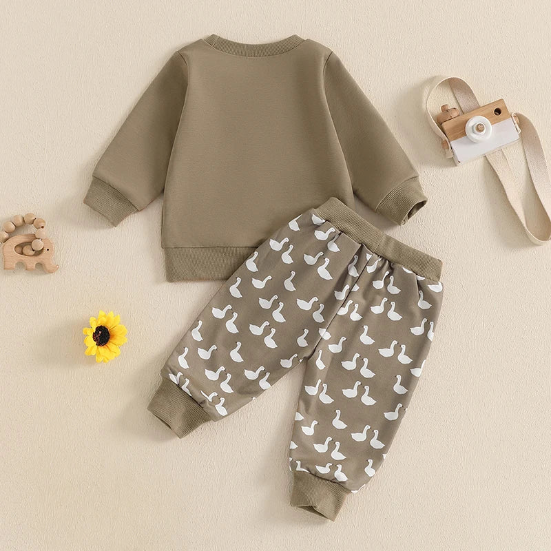 Baby Toddler Boys 2Pcs Fall Outfit Long Sleeve Duck Bird Goose Embroidery Pullover Top Elastic Band Pants Jogger Set