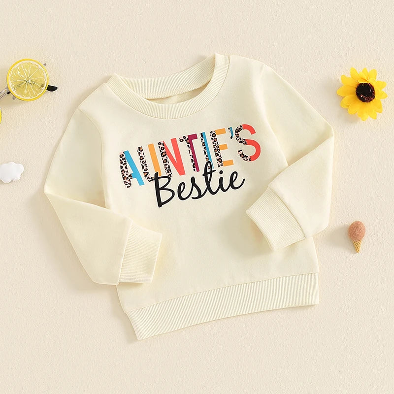 Baby Toddler Girl Auntie's Bestie Casual Letter Print Crew Neck Long Sleeve Pullover Top