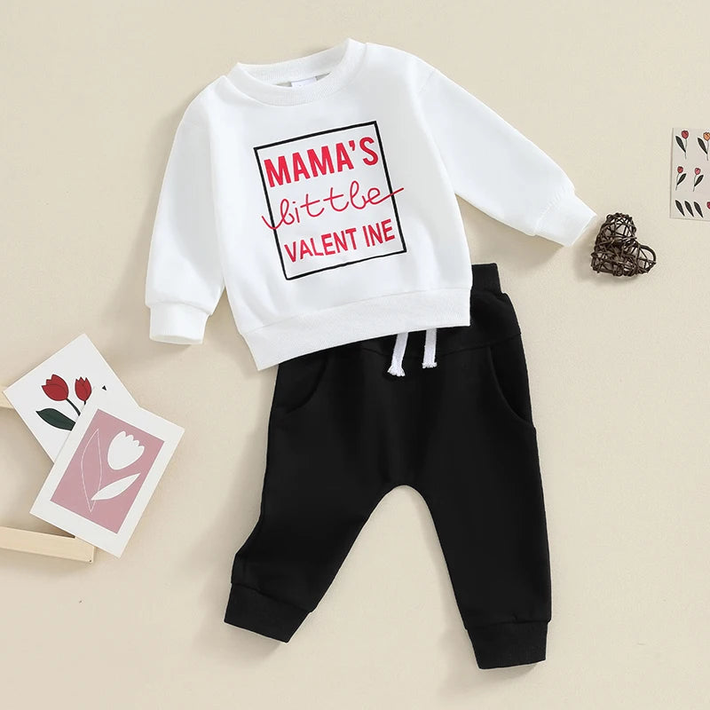 Toddler Baby Boys 2Pcs Valentine's Day Sets Long Sleeve Letter Mama's Little Valentine Print Pullover and Black Drawstring Pants