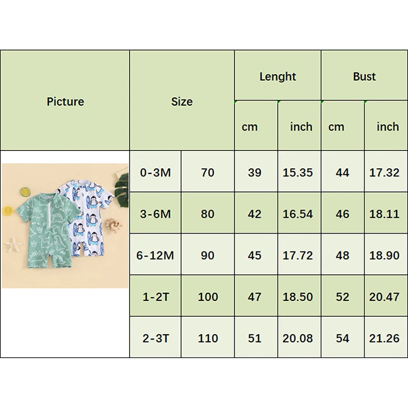 Baby Toddler Boy's Swimwear Short Sleeve Dinosaur Penguin Print Half Zip Up Rash Guard Bathing Suit