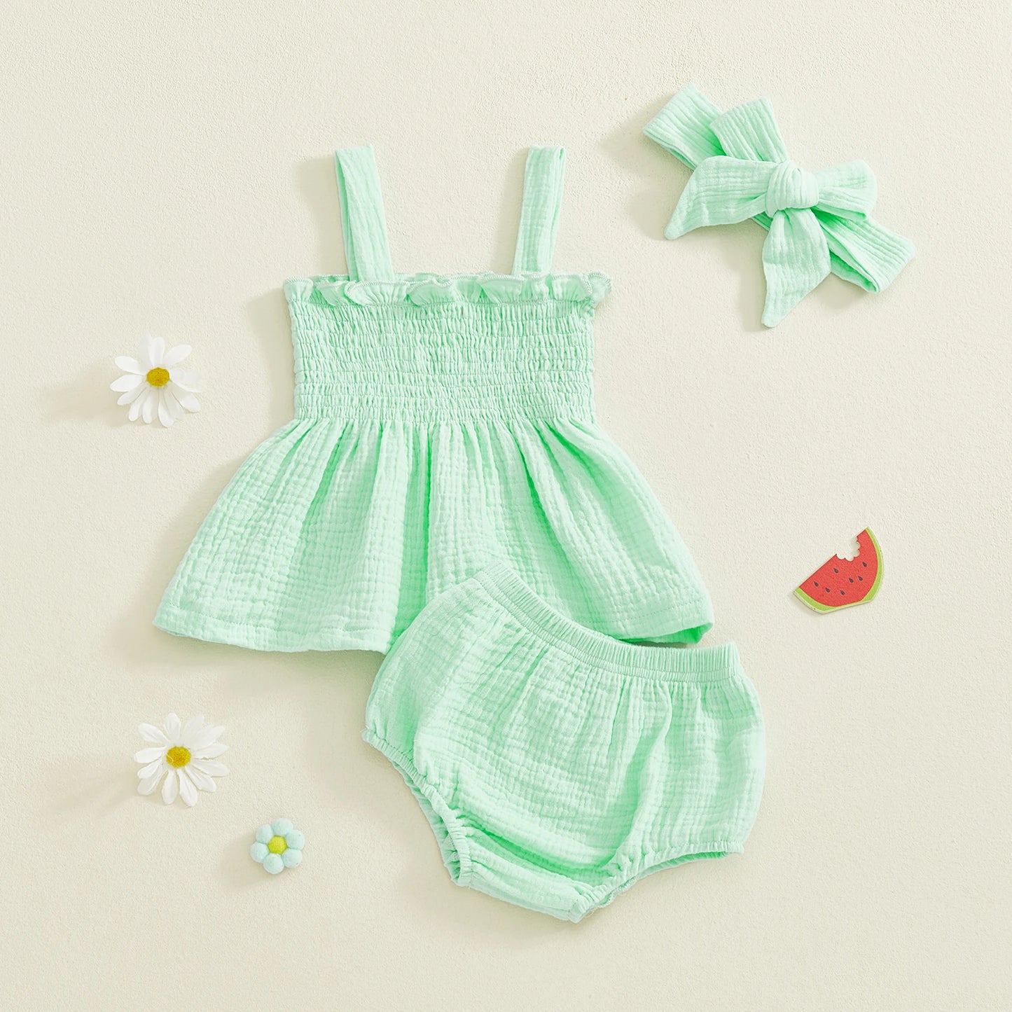Baby Girl Summer Outfits Solid Color Ruffled Trim Smocked A Line Sleeveless Tops Shorts and Headband 3 Pcs Set