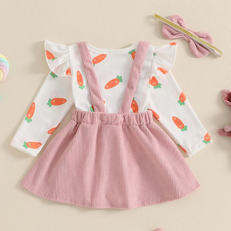 Baby Girls 3Pcs Easter Outfit Long Sleeve Carrot Print Romper Bunny Rabbit Carrot Embroidery Suspender Skirt Dress Headband Bow Set