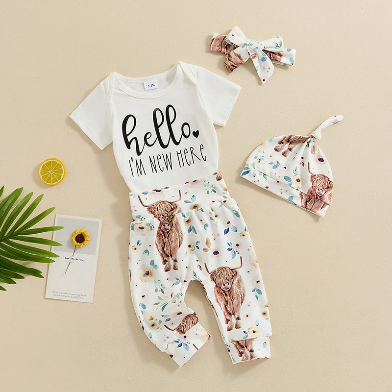 Baby Girls 4Pcs Outfit Hello I'm New Here Letter Print Short Sleeve Romper and Floral Cow Pants Headband Beanie Hat Set