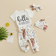 Load image into Gallery viewer, Baby Girls 4Pcs Outfit Hello I&#39;m New Here Letter Print Short Sleeve Romper and Floral Cow Pants Headband Beanie Hat Set
