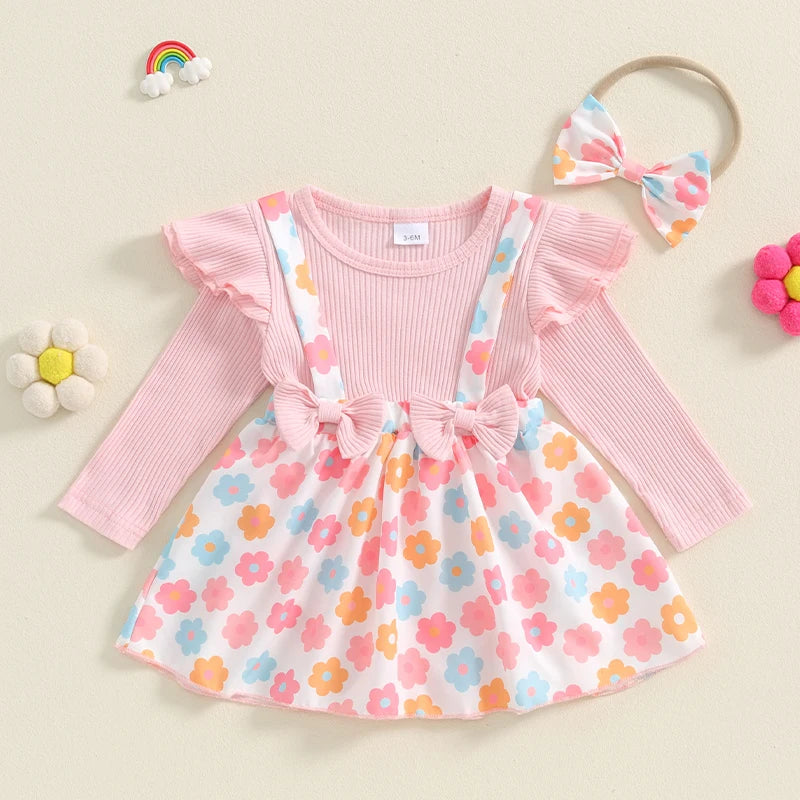 Baby Girls 2Pcs Romper Dress Flower Print Long Sleeve Skirt Overalls Jumpsuit Fall Bodysuits with Headband Set